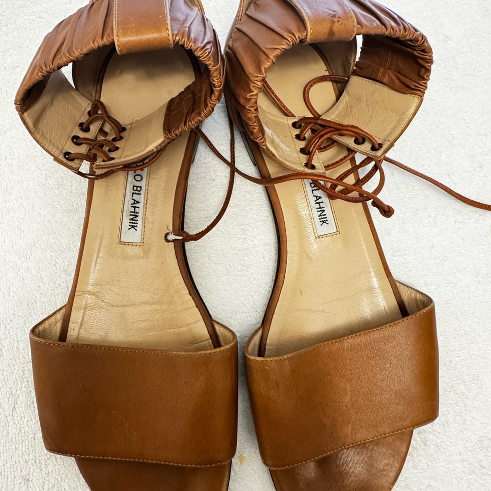 Manolo Blahnik Brown Leather Lace-Up Sandals